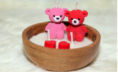 Wood Bowl Valentines Teddy Candle