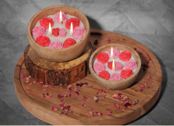 Wood Bowl Valentines Flower Candle