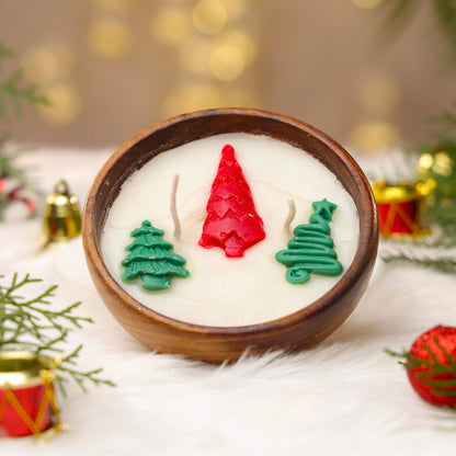 Wood Bowl Xmas Candle Set Of 2